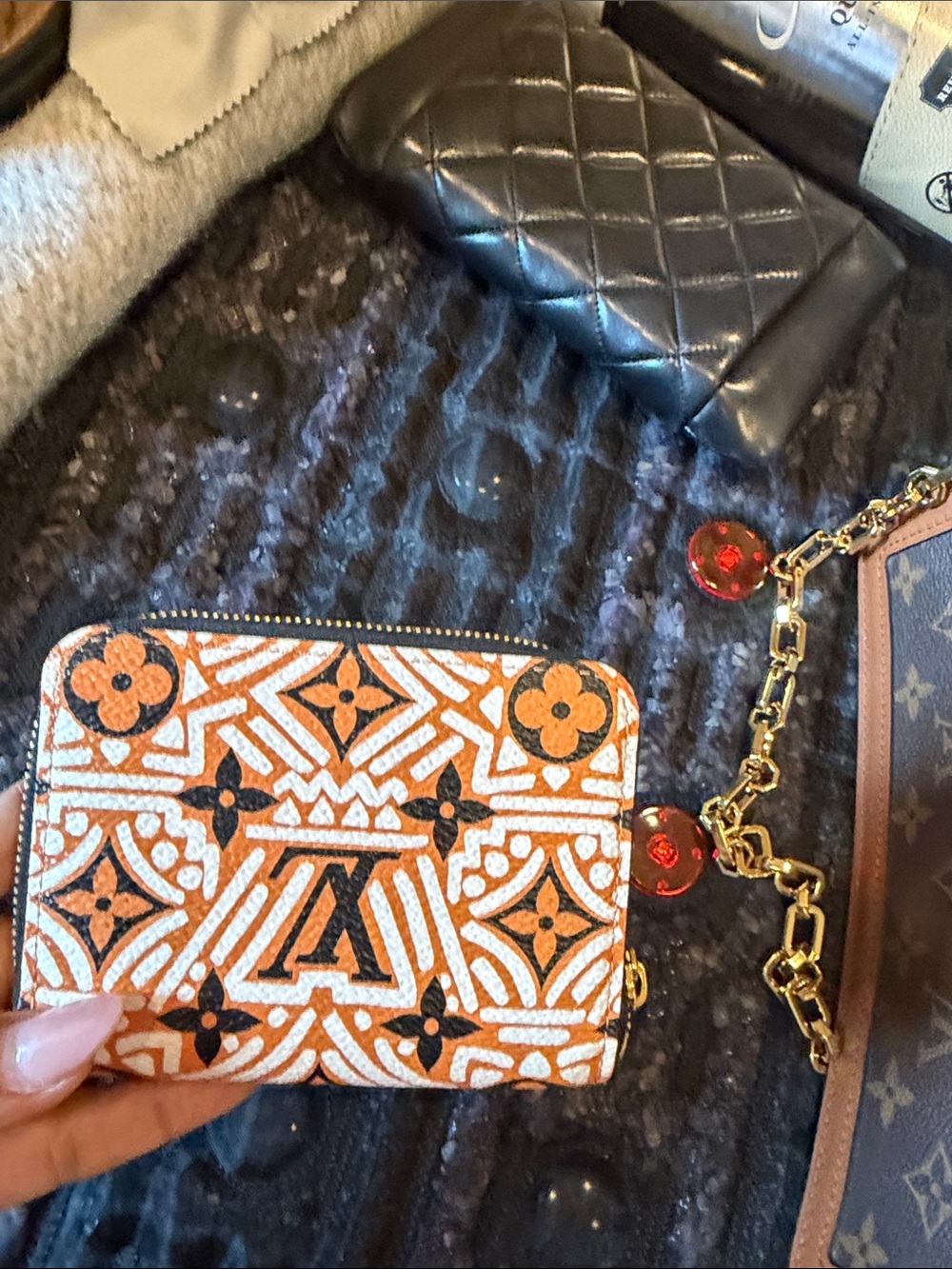 Louis Vuitton Orange, White & Black Zip Card Holder Wallet